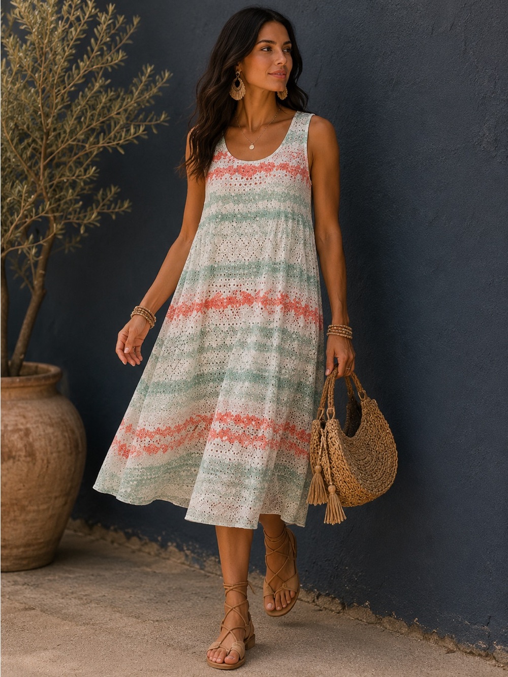Crochet Midi Dress • Small • Mint Coral Eyelet • Cloth & Portrait  • Coastal